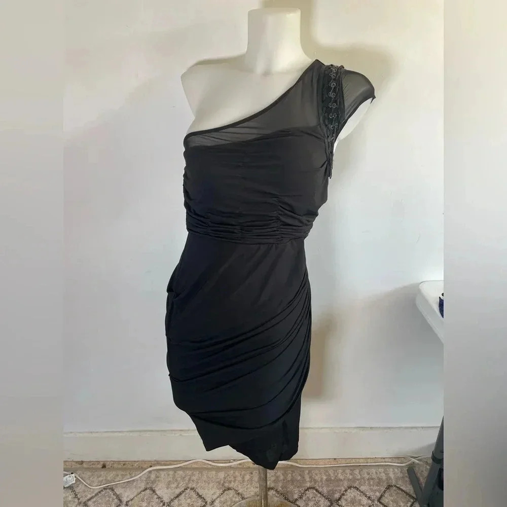 Bebe One Shoulder Black Mini Dress Bodycon Chain Cocktail Little Black Dress 046